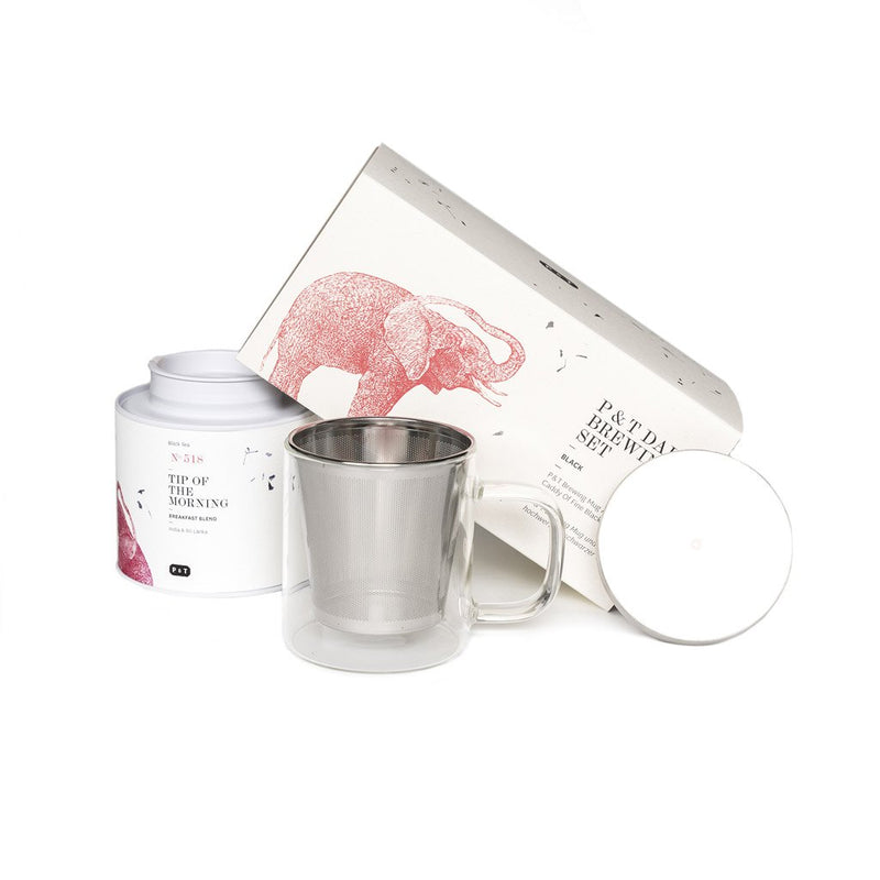 Set mit Frühstücks-Schwarzteemischung und Glastasse mit Filter und Deckel für den täglichen Gebrauch  Geschenkset P & T Daily Brewing Set Black Geschenk Paper & Tea