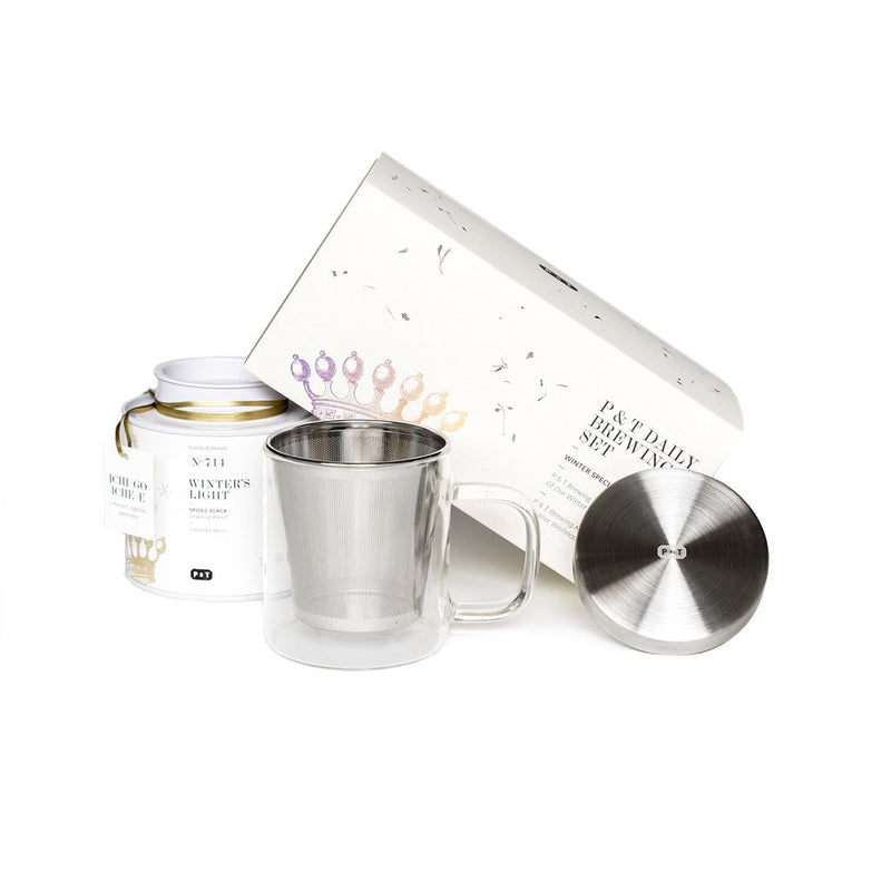 Set mit Winter-Schwarzteemischung und Glastasse mit Filter und Deckel für den täglichen Gebrauch  Geschenkset P & T Daily Brewing Set Winter Geschenk Paper & Tea