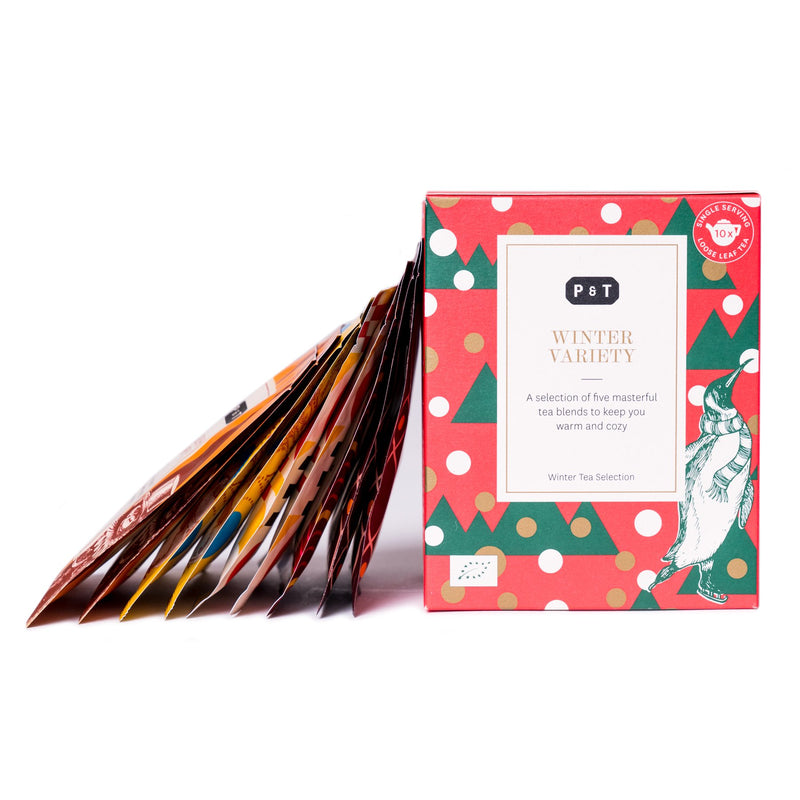Eine Auswahl von fünf edlen Teekompositionen zum gemütlichen Genießen.  Geschenkset Winter Variety Box Geschenk Paper & Tea